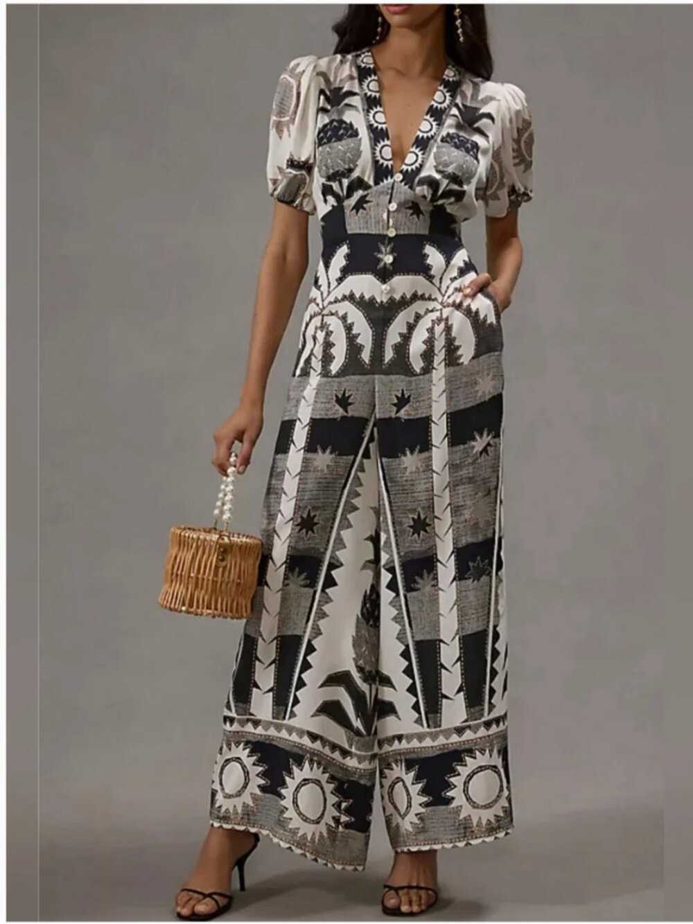 Farm Rio Black White Graphic Print Jumpsuit Wide Leg Puff Sleeve Boho Chic L